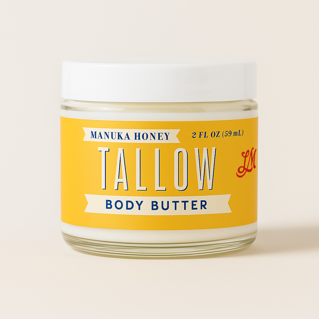 Lady May Tallow Manuka Honey and Rosehip Body Butter in a 2oz jar, nourishing tallow-based body cream with floral and honey ingredients.
