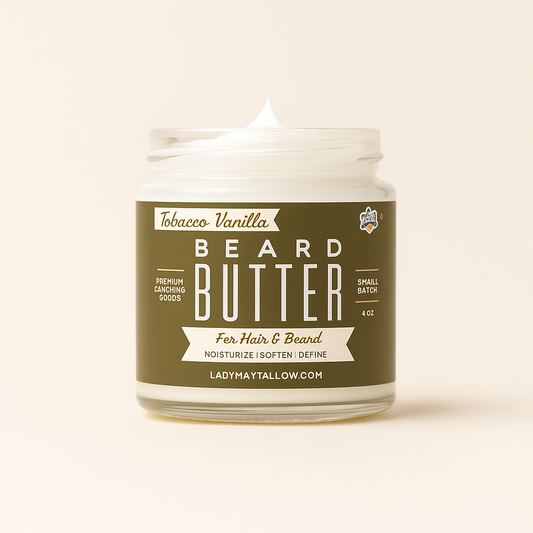 Natural Beard Butter for Men by Lady May Tallow, tobacco vanilla body cream with nourishing ingredients for beard and skin care.