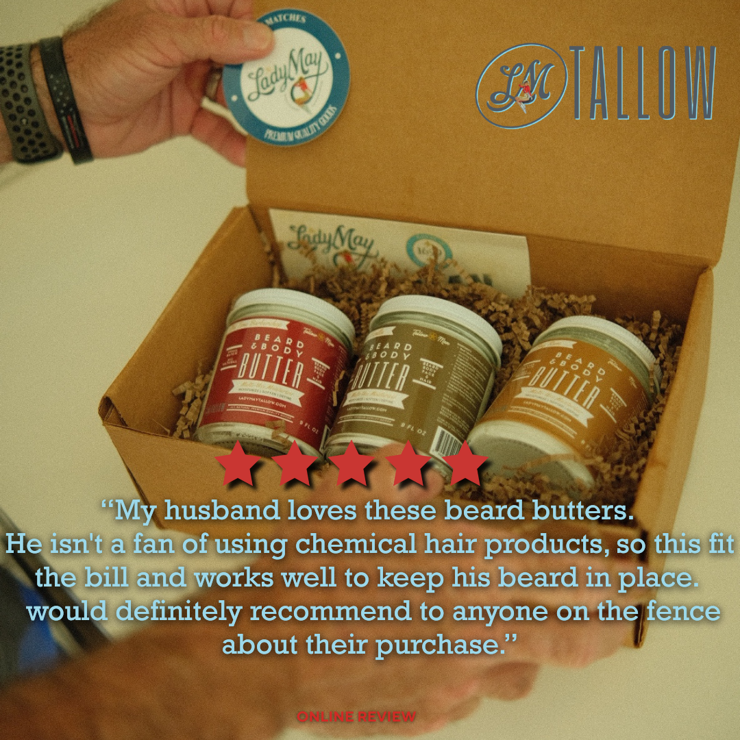 Natural beard butter for men with tobacco vanilla scent, Lady May Tallow body cream for beard and skin care, creamy and nourishing.