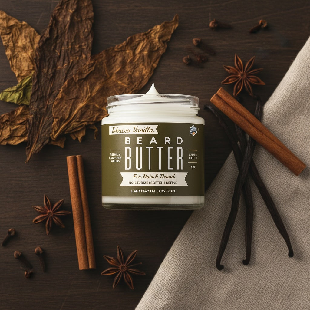 Natural beard butter for men by Lady May Tallow, featuring tobacco and vanilla, in a creamy body lotion texture.