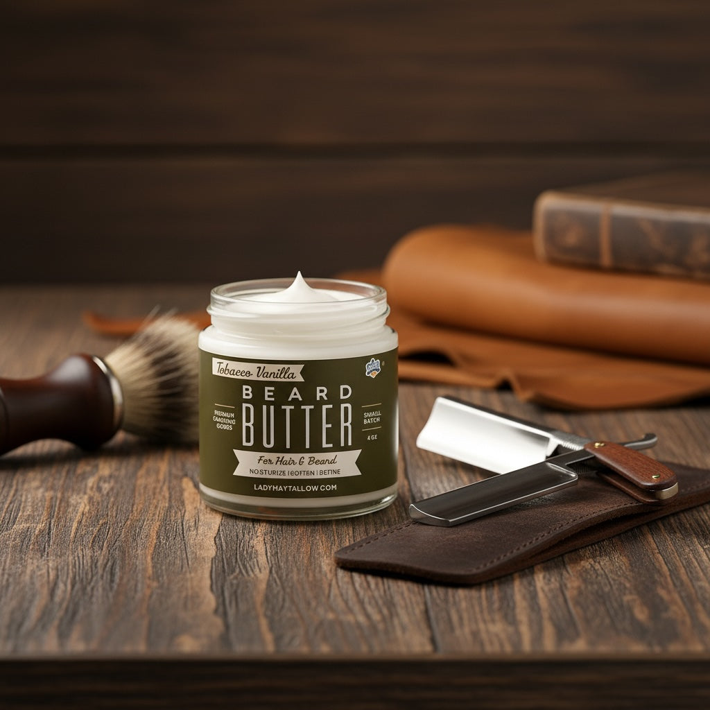Natural beard and skin care body cream by Lady May Tallow with tobacco vanilla scent, featuring a creamy, nourishing texture.