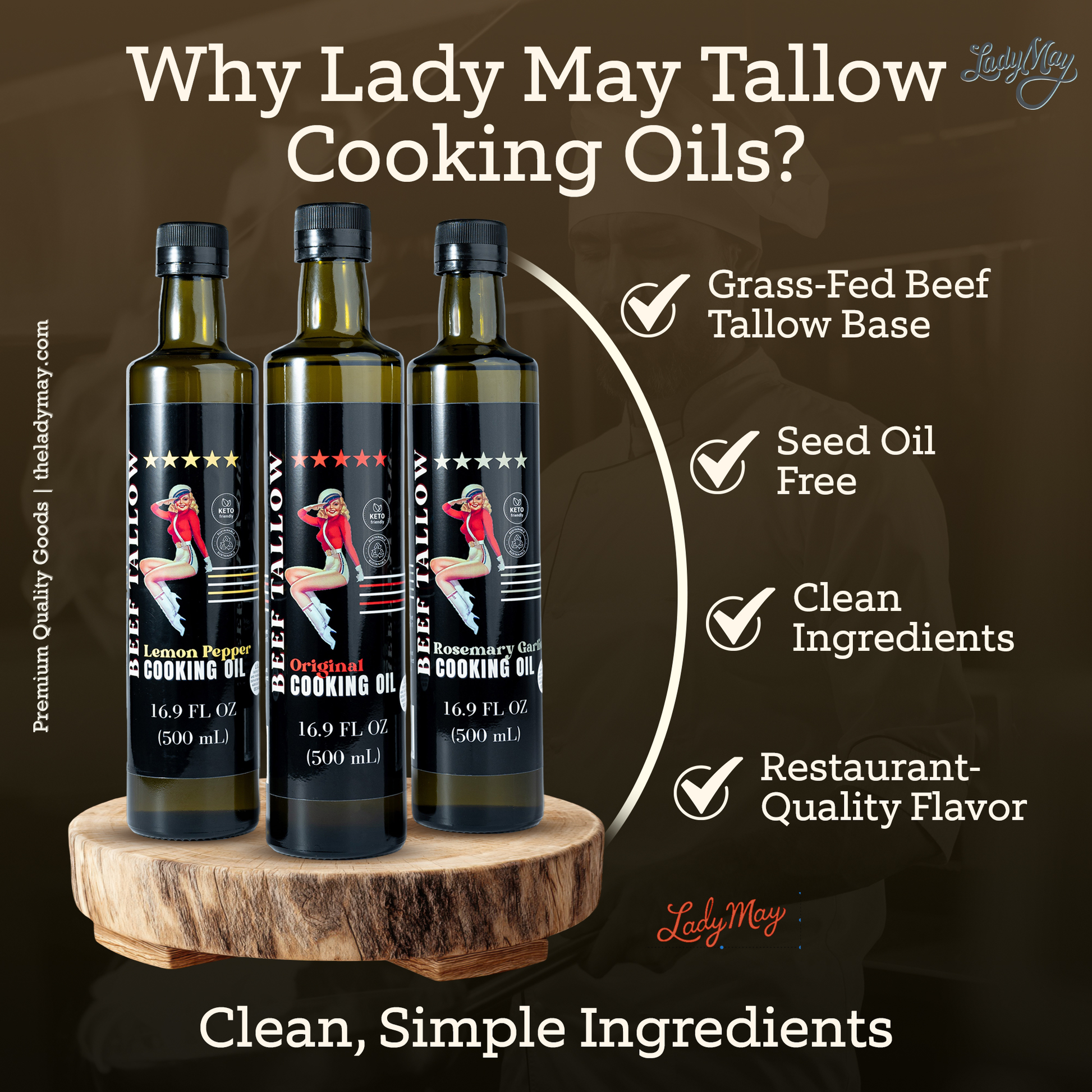 Lady May Tallow Cooking Oil Trio Bundle | Grass-Fed Beef Tallow & Olive Oil | Original, Rosemary Garlic & Lemon Pepper | Clean High-Heat Cooking from Our Restaurant Kitchen - The Lady May ~ Blessings Grow Meadows
