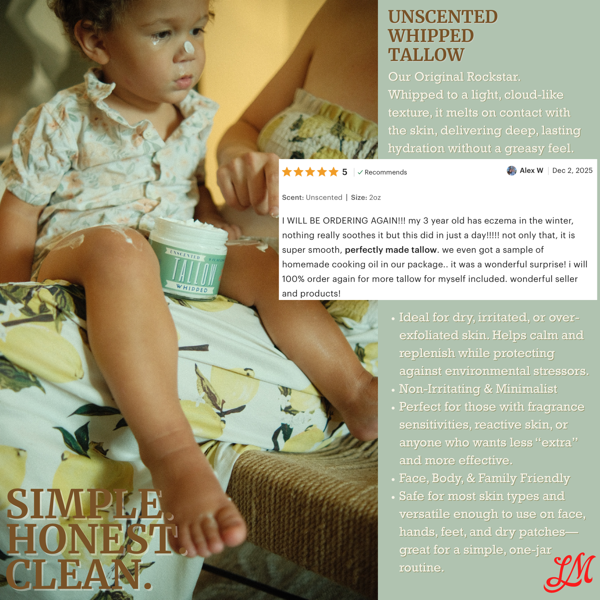 Lady May Tallow unscented whipped body cream with grass-fed beef tallow for face and body, preservative-free, natural moisturizer