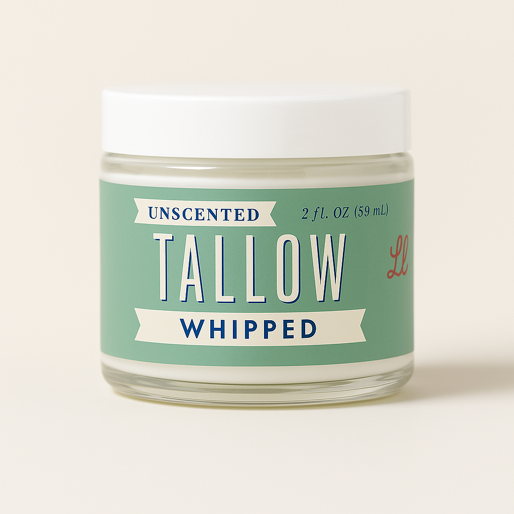 Lady May Tallow unscented whipped beef tallow moisturizer in a jar, natural face and body cream with seed oil-free, preservative-free.