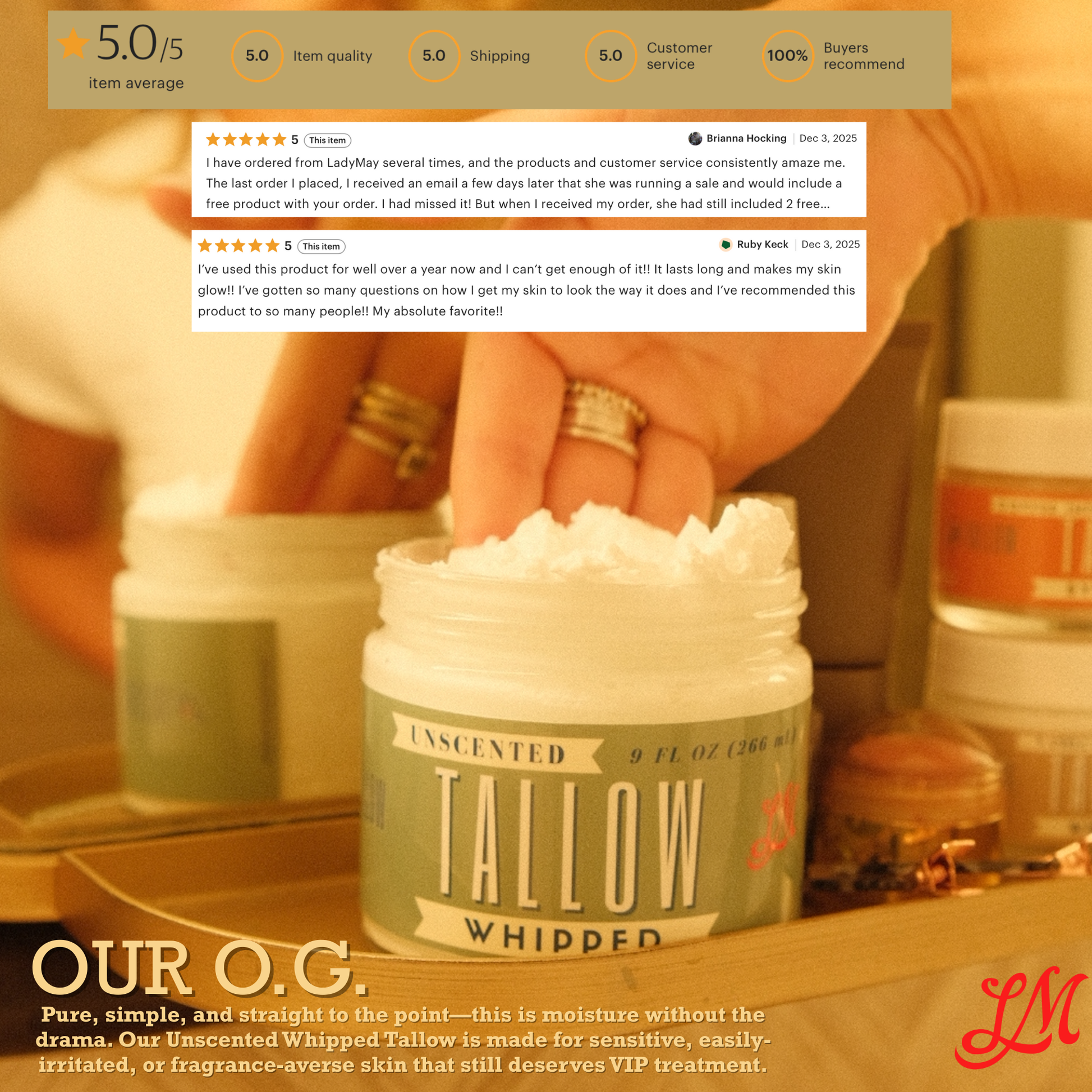 Lady May Tallow unscented whipped tallow moisturizer in a jar, natural beef tallow face and body cream with grass-fed ingredients.