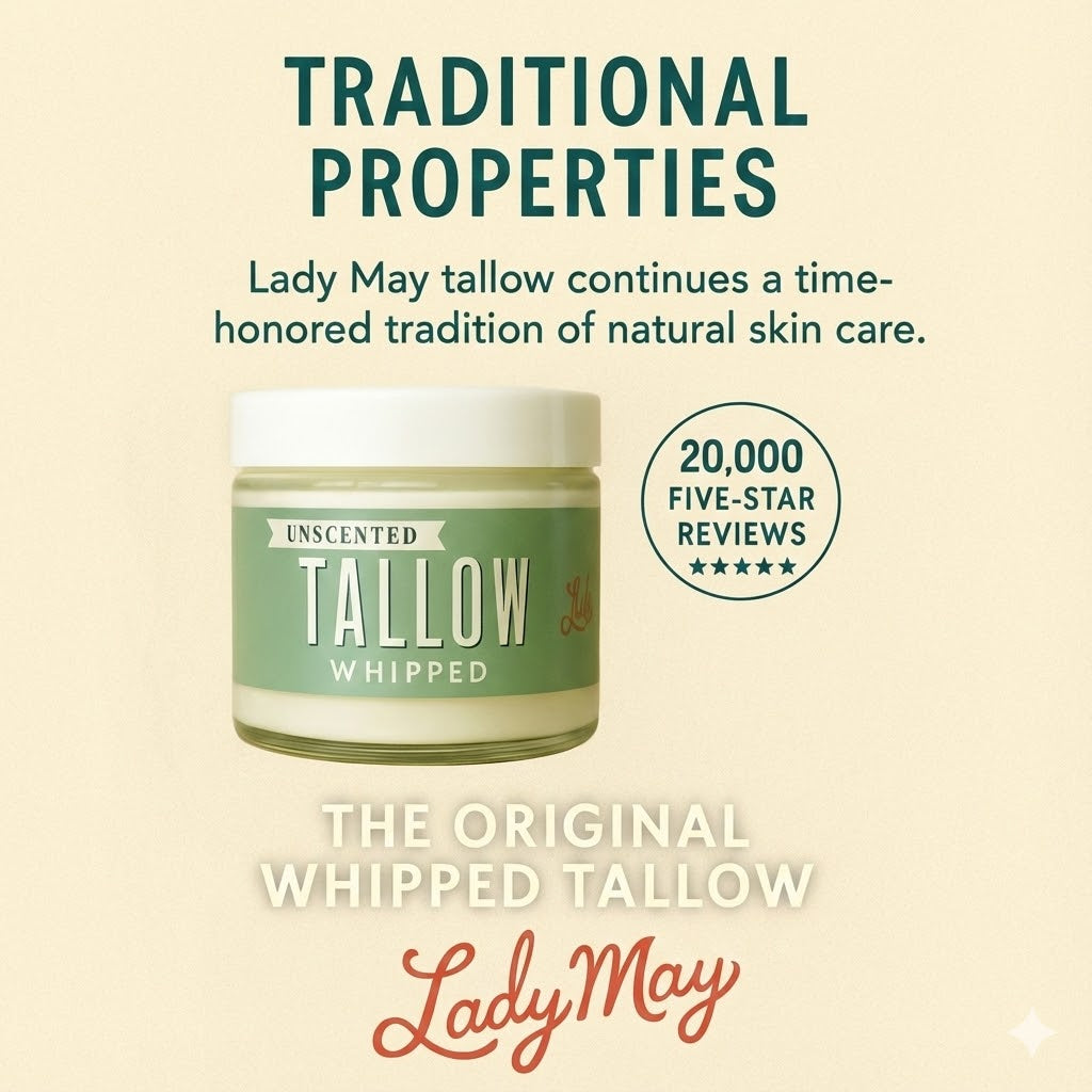 Unscented whipped tallow body cream by Lady May Tallow, natural moisturizer for face and body, preservative-free skincare.