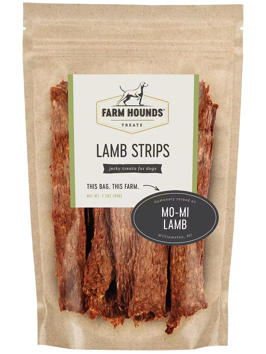 Farm Hounds Lamb Strips treats for dogs, front view showing natural, tender lamb meat strips on a white background.