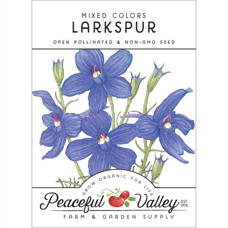 Assorted Larkspur mixed colors flower seeds in a pack by Grow Organic, ready for planting and garden beautification.