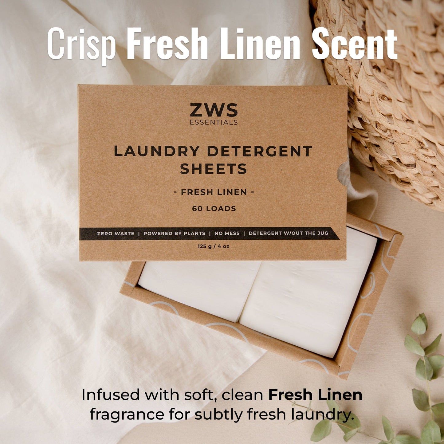 Fresh linen scent laundry detergent sheets from ZeroWasteStore.com, compact and eco-friendly for effective laundry cleaning.