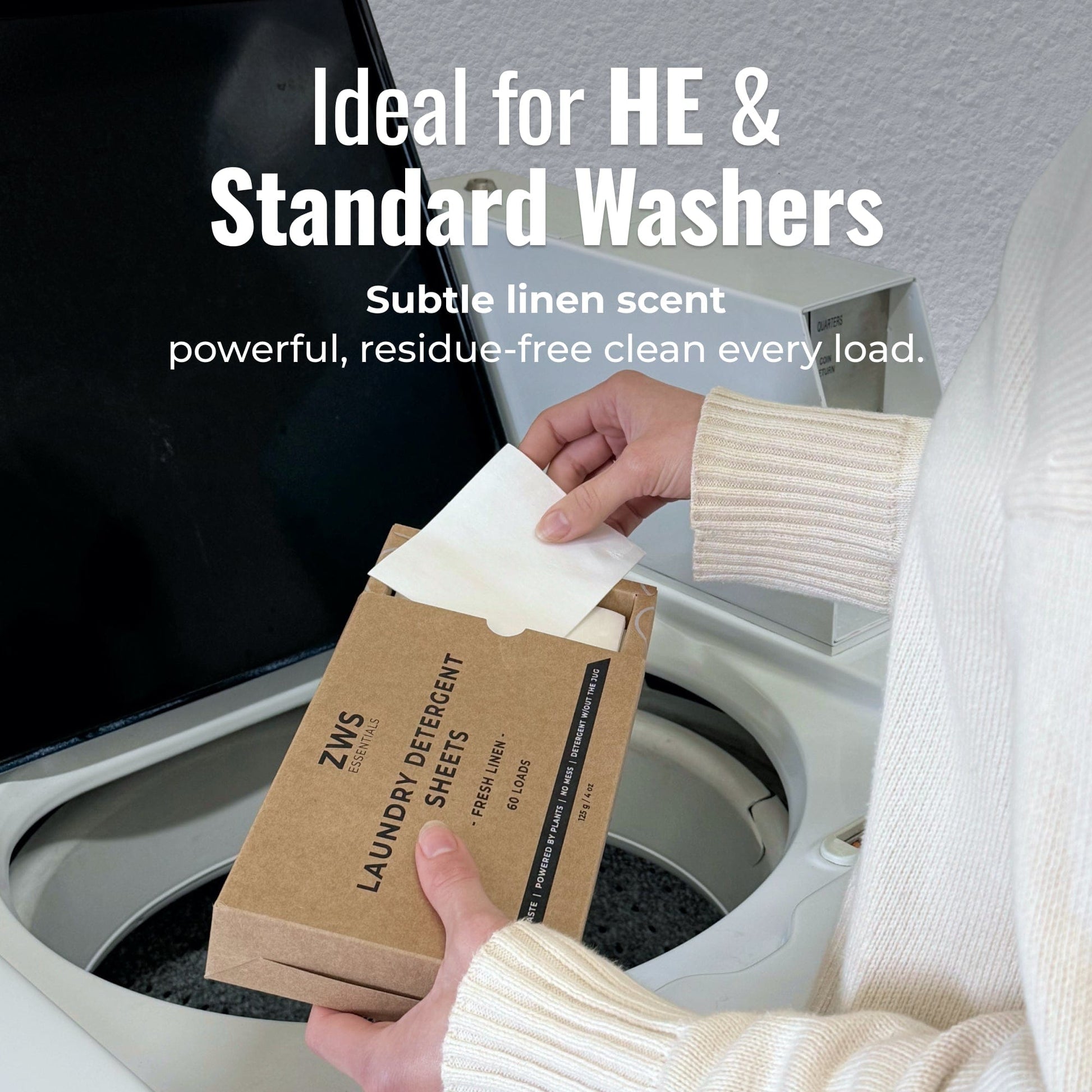 Fresh linen scented laundry detergent sheets from ZeroWasteStore.com, neatly stacked in a clear container for eco-friendly laundry.