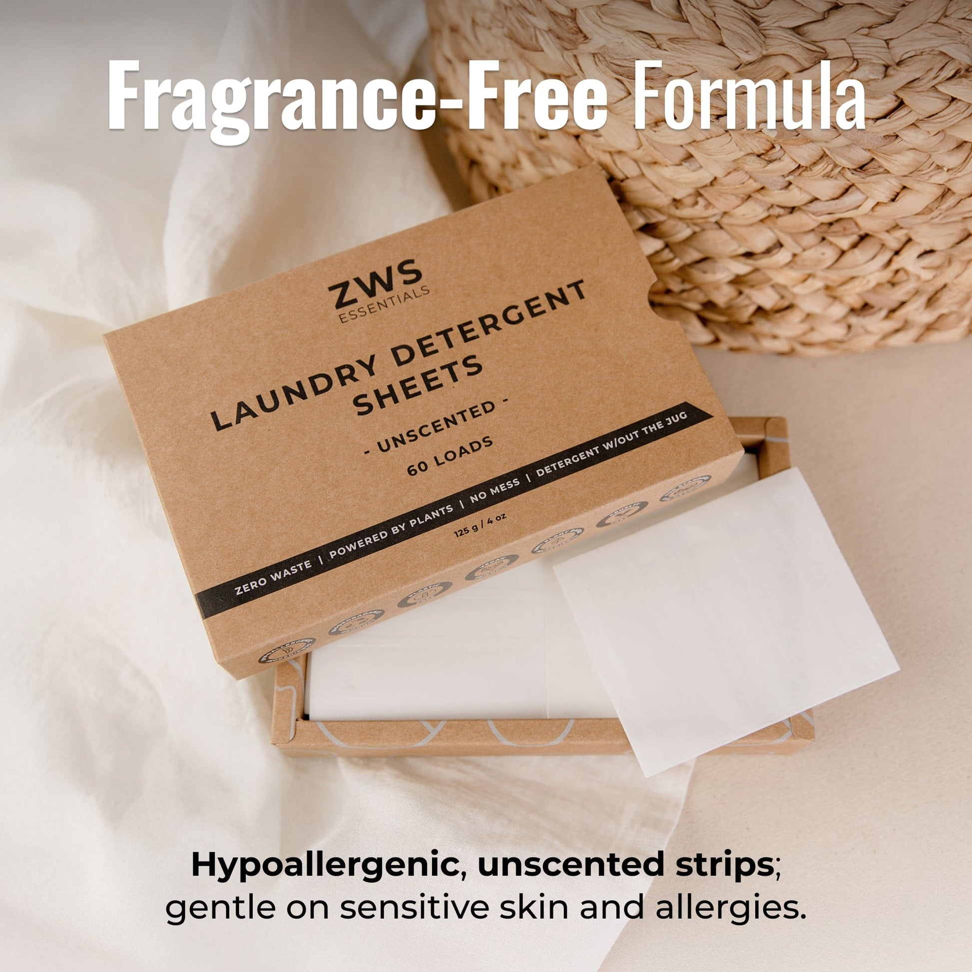 Unscented laundry detergent sheets from ZeroWasteStore.com, showing white sheets designed for eco-friendly laundry.