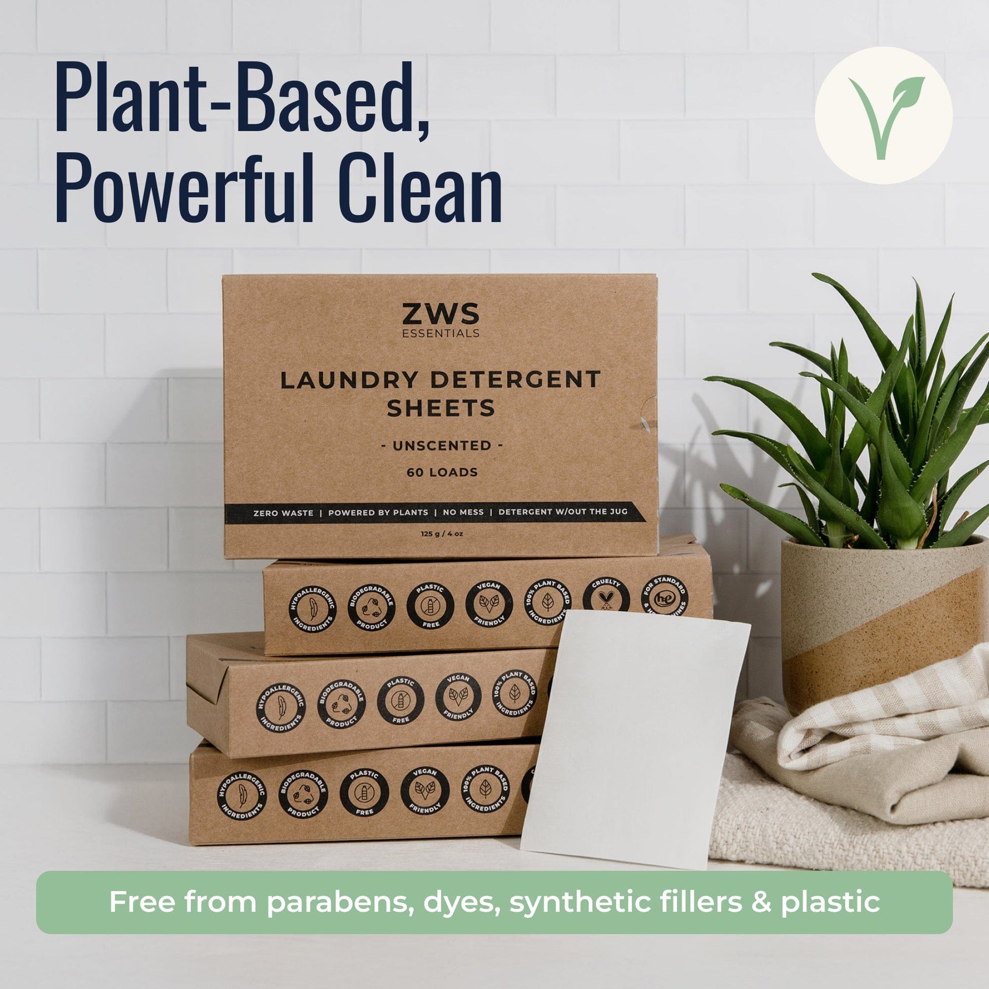 Unscented laundry detergent sheets from ZeroWasteStore.com, showing white, thin sheets designed for eco-friendly laundry use.
