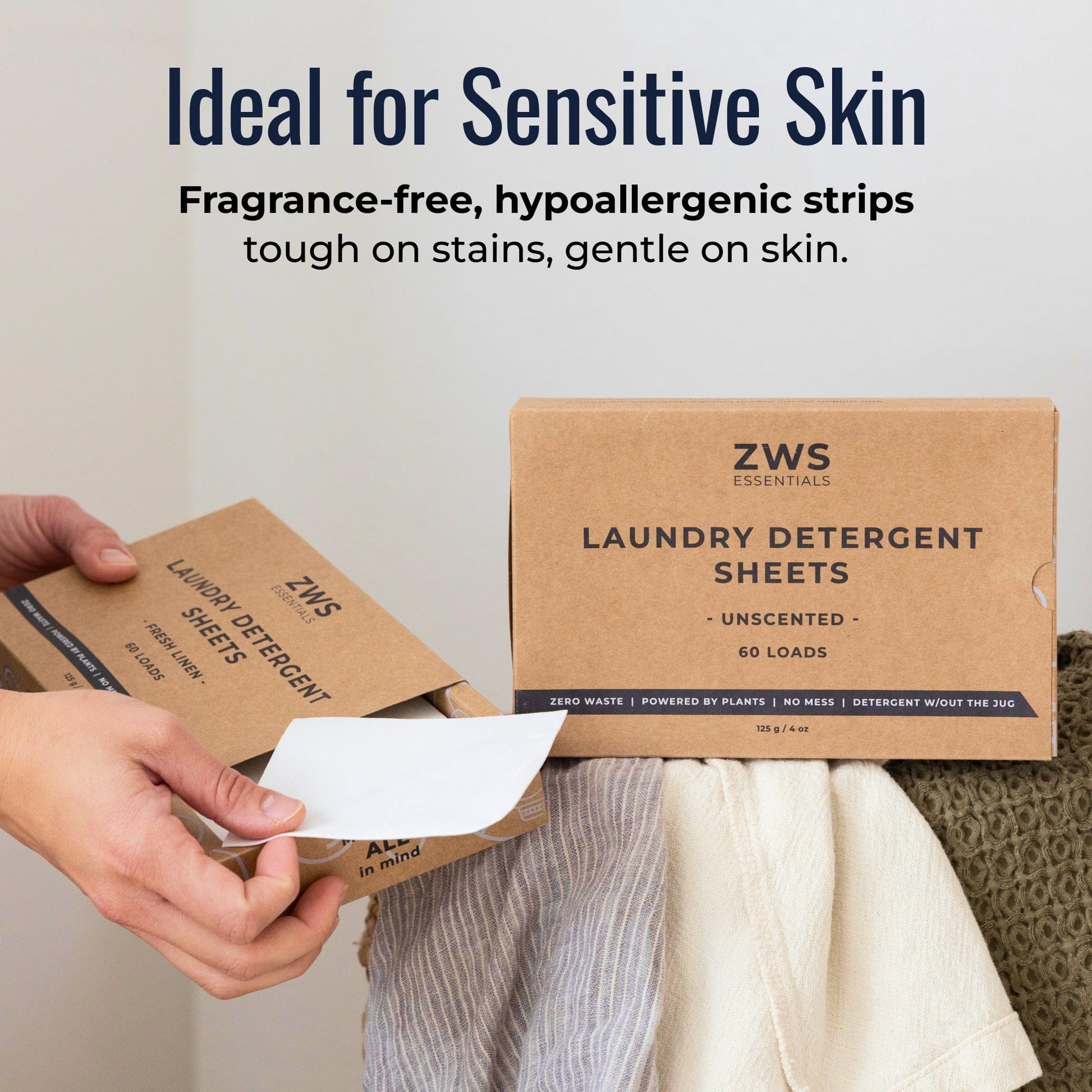 Unscented laundry detergent sheets from ZeroWasteStore.com, compact and eco-friendly for effective laundry cleaning.