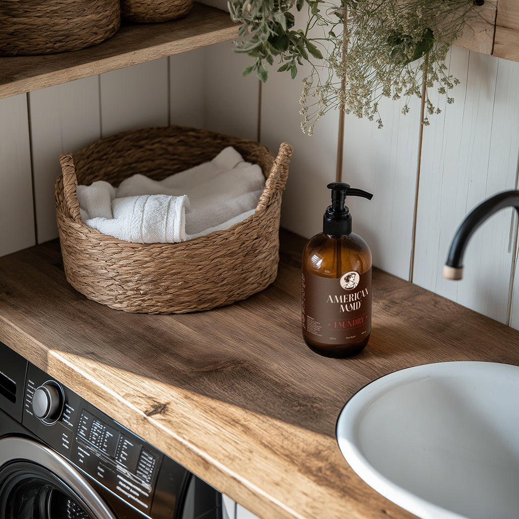 American Maid Laundry Essentials Kit with detergent, fabric softener, and stain remover bottles in laundry room setting.
