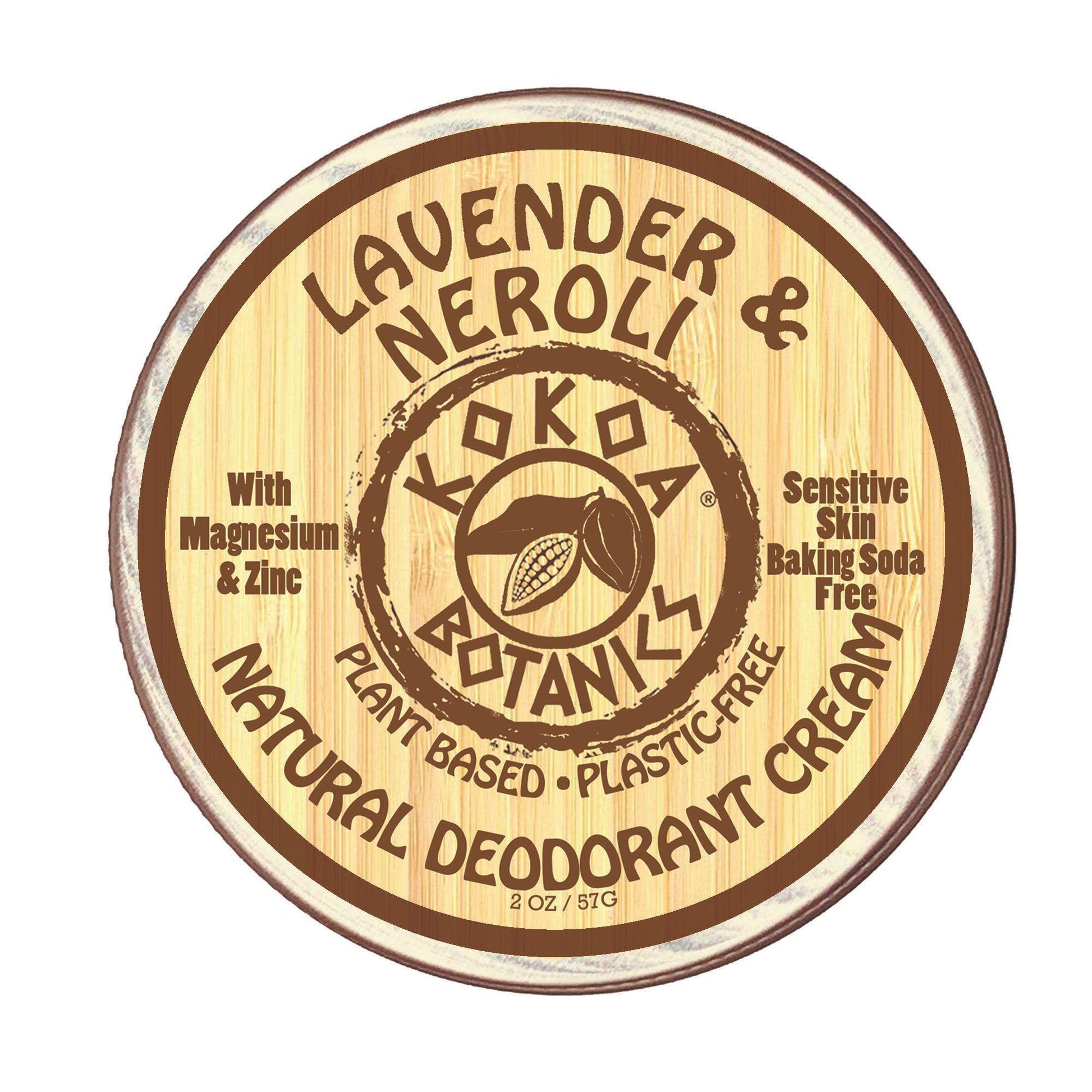 Lavender and neroli natural deodorant cream by KOKOA BOTANICS in a 2.5 oz jar, suitable for sensitive skin and baking soda free.