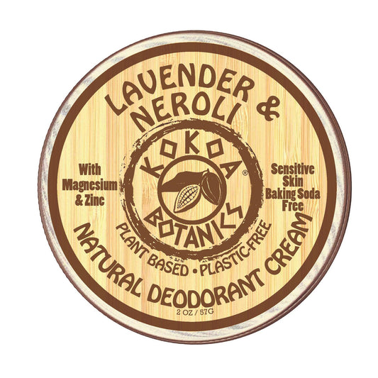 Lavender and neroli natural deodorant cream by KOKOA BOTANICS in a 2.5 oz jar, suitable for sensitive skin and baking soda free.