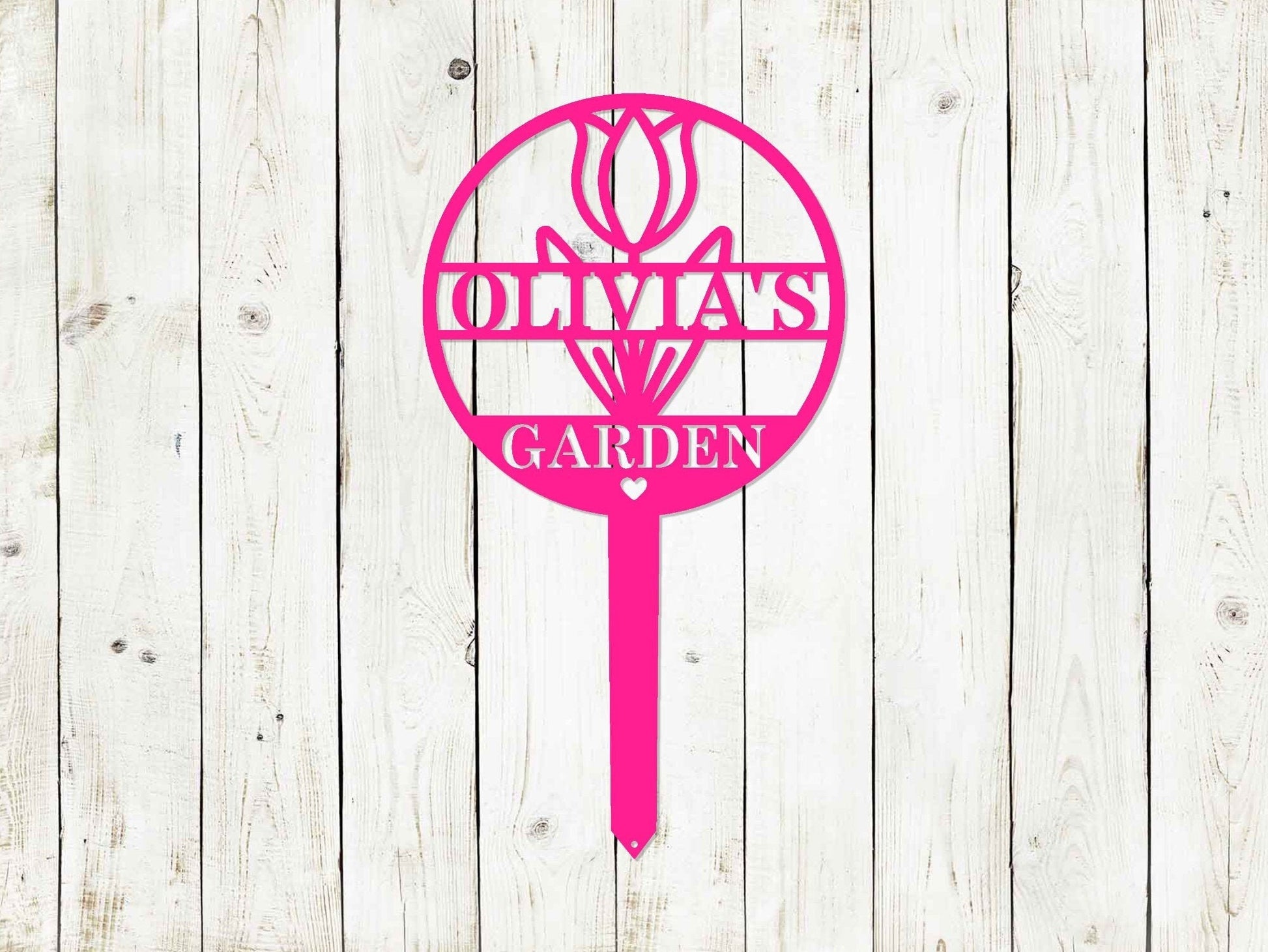 Black custom circle tulip garden sign by Lewis Design Company, 21x12 inches, decorative garden art and sign for outdoor display.