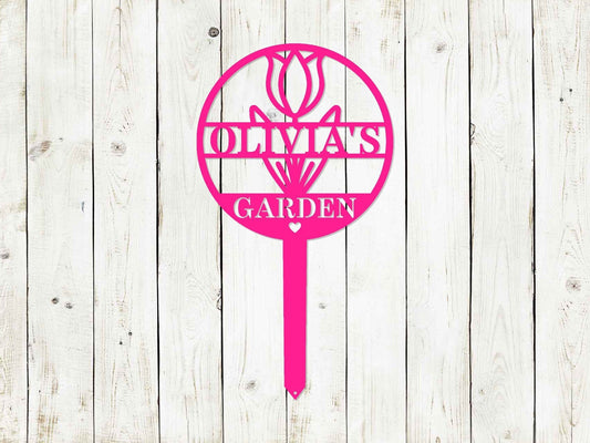 Black custom circle tulip garden sign by Lewis Design Company, 21x12 inches, decorative garden art and sign for outdoor display.