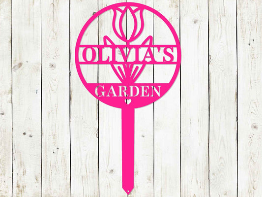 Black custom circle tulip garden sign by Lewis Design Company, 21x12 inches, decorative garden art and sign for outdoor displays