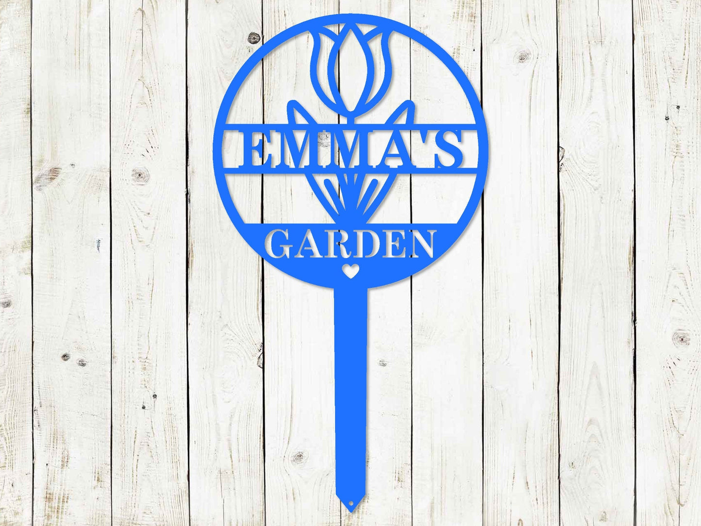 Black custom circle tulip garden sign by Lewis Design Company, 21x12 inches, garden art with tulip design and personalized lettering.