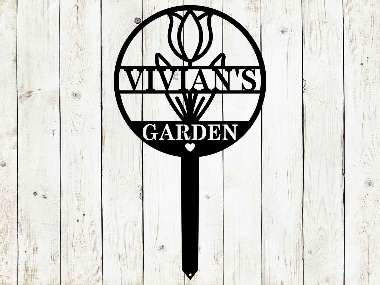 Black custom circle tulip garden sign by Lewis Design Company, 21x12 inches, decorative garden art and signage.