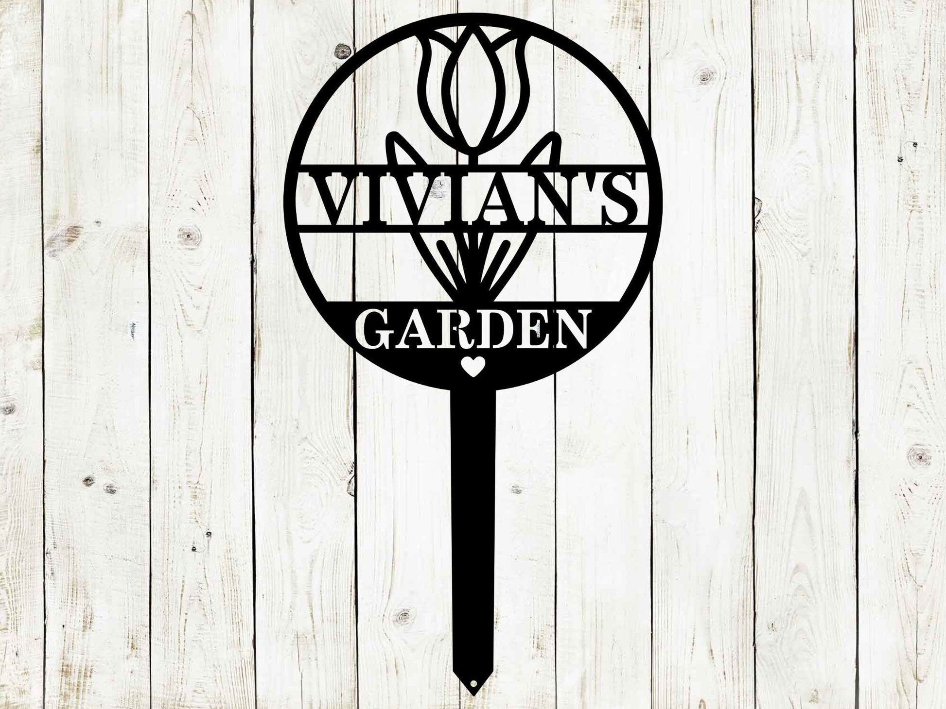 Black custom circle tulip garden sign by Lewis Design Company, 21x12 inches, decorative garden art and signage.