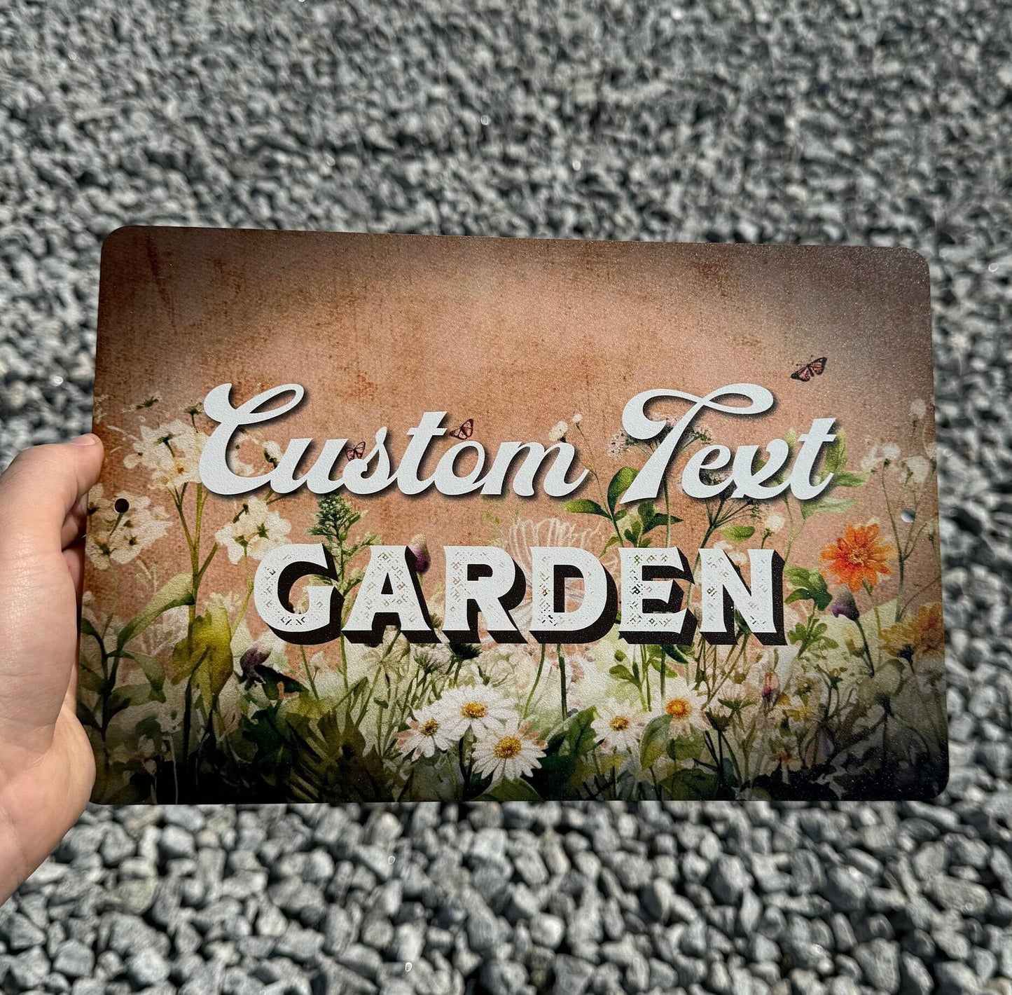 Custom aluminum garden name sign by Lewis Design Company, personalized metal outdoor patio and garden art, 12x8 inches.