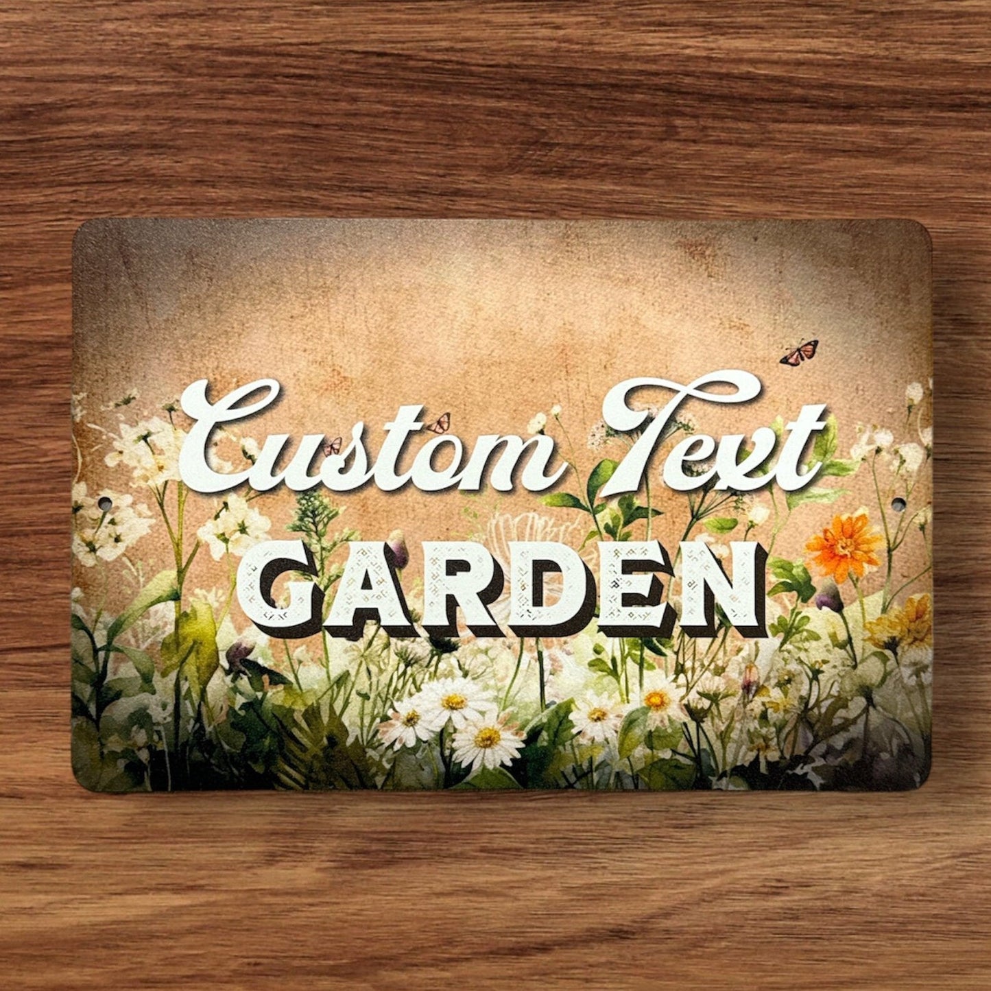 Personalized aluminum garden name sign by Lewis Design Company, 12x8 inch outdoor patio and garden metal art piece.