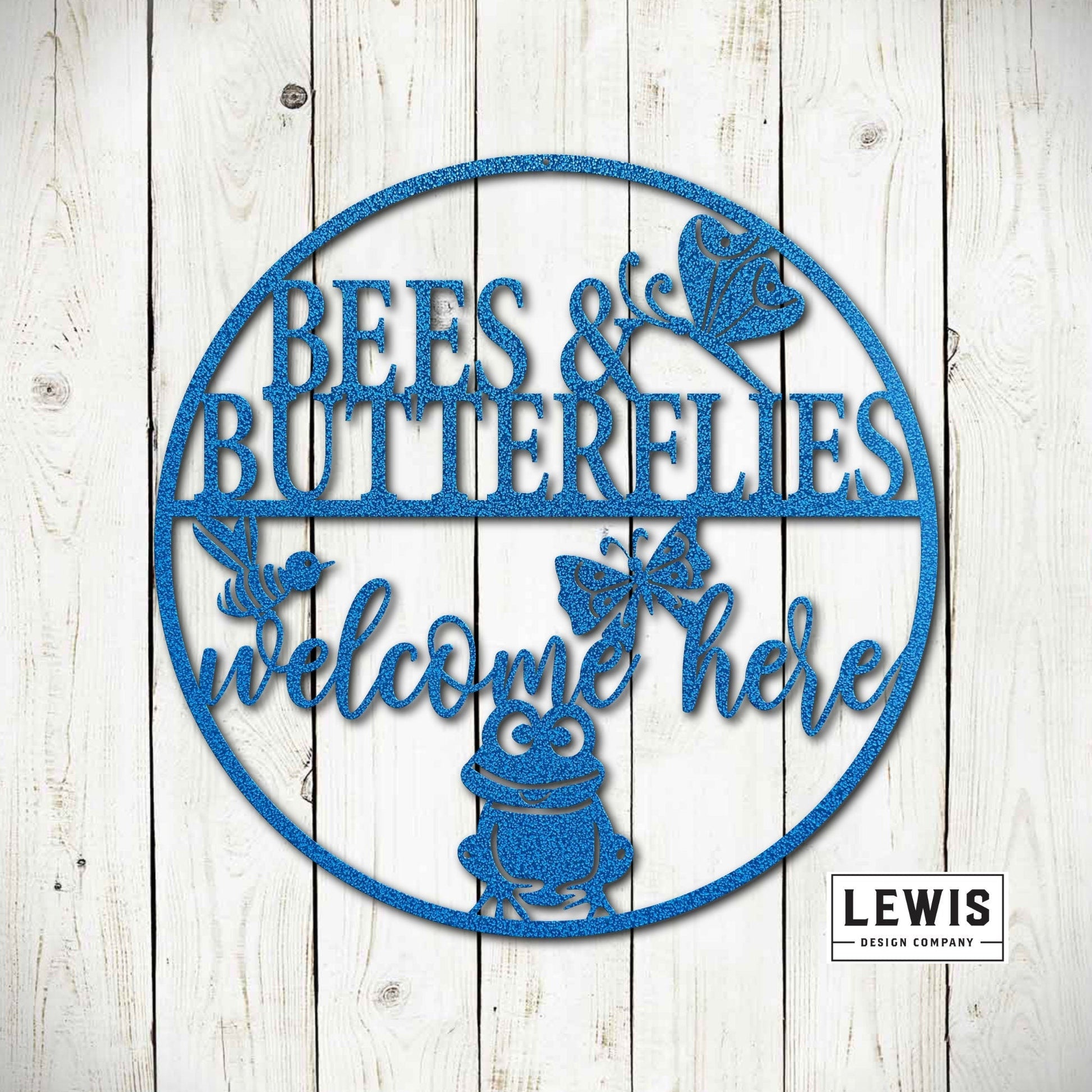 Black metal garden sign with bees and butterflies, welcoming message, outdoor patio and garden art from Lewis Design Company.