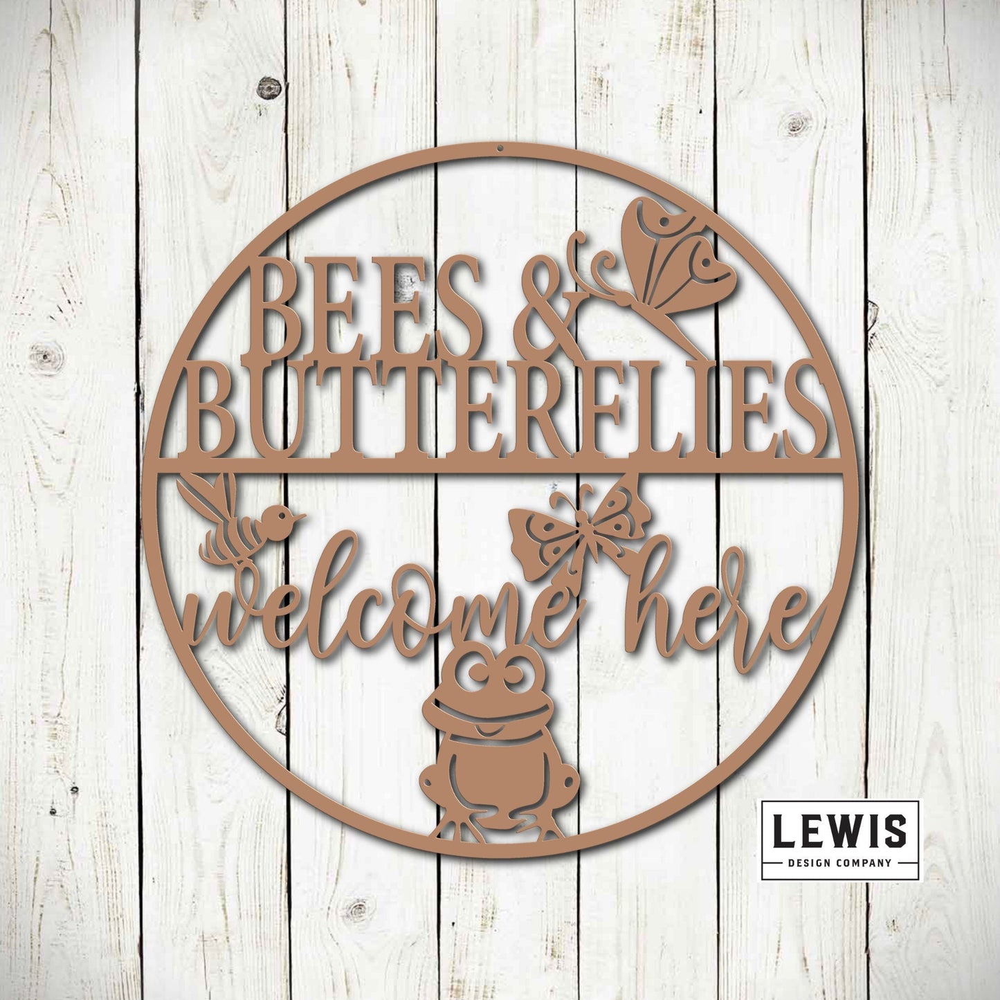 Black metal garden sign with bees and butterflies, saying "Welcome Here," outdoor patio and garden art by Lewis Design Company.