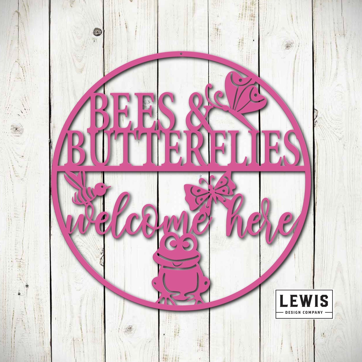 Black metal garden sign with bees and butterflies, welcoming message, outdoor patio and garden art by Lewis Design Company.