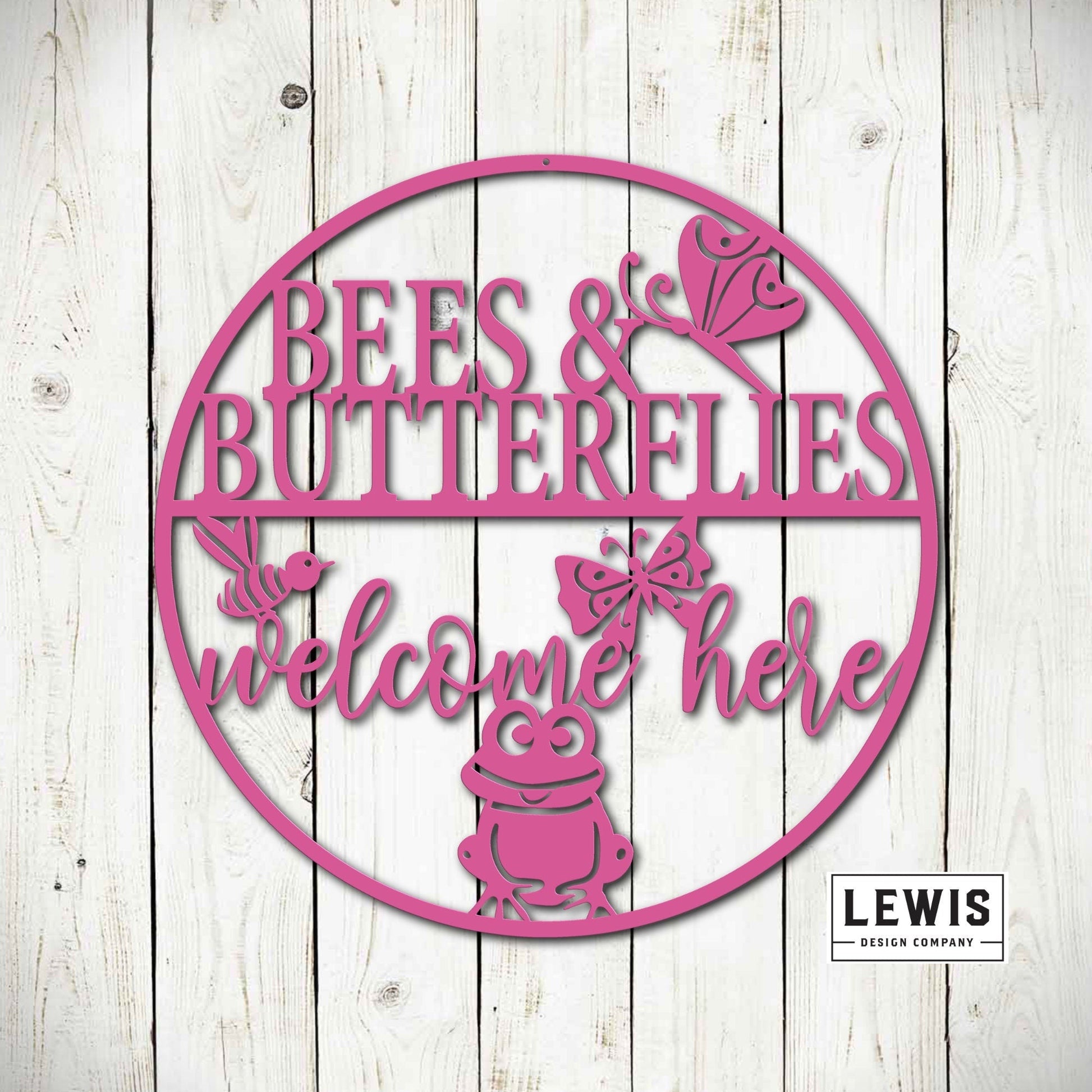 Black metal garden sign with bees and butterflies, welcoming message, outdoor patio and garden art by Lewis Design Company.