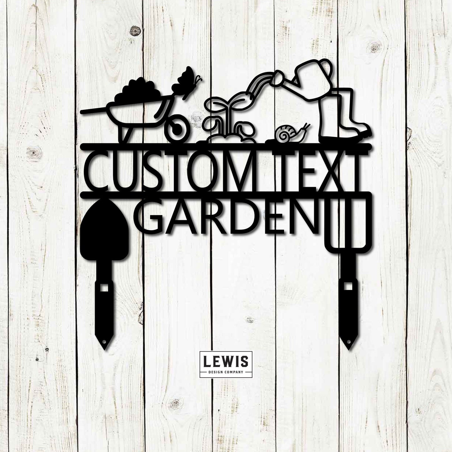 Black personalized metal garden sign by Lewis Design Company, 12x12 inches, outdoor patio and garden art for a customized garden display.