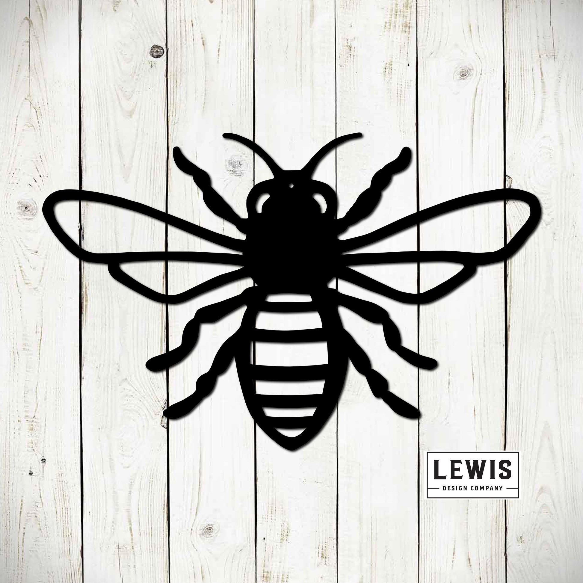Black metal Honey Bee Garden Sign by Lewis Design Company, outdoor bee wall decor with a bumble bee and honey theme for patio or garden.