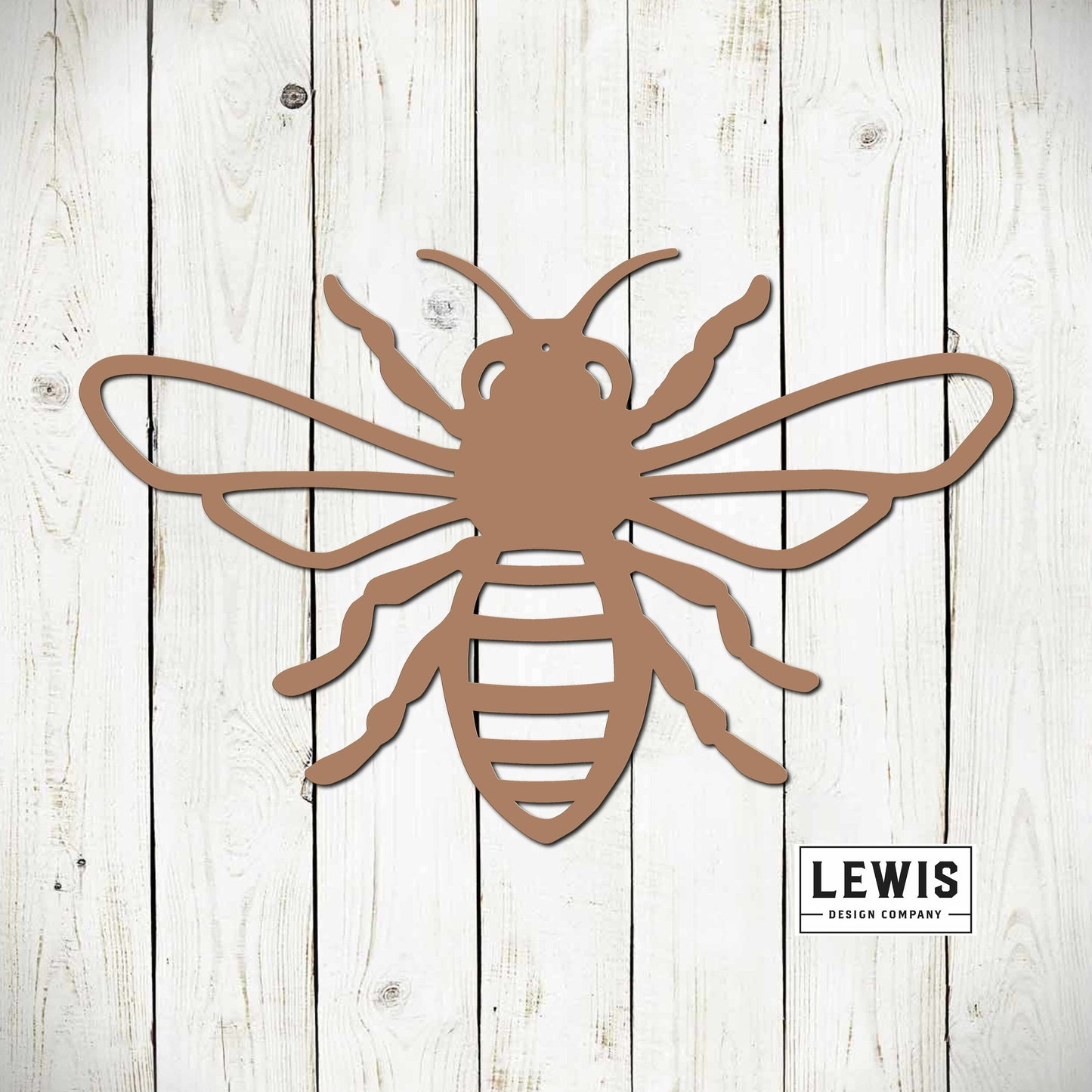 Black metal honey bee garden sign by Lewis Design Company, outdoor wall decor featuring a bumble bee for patio or garden decor.