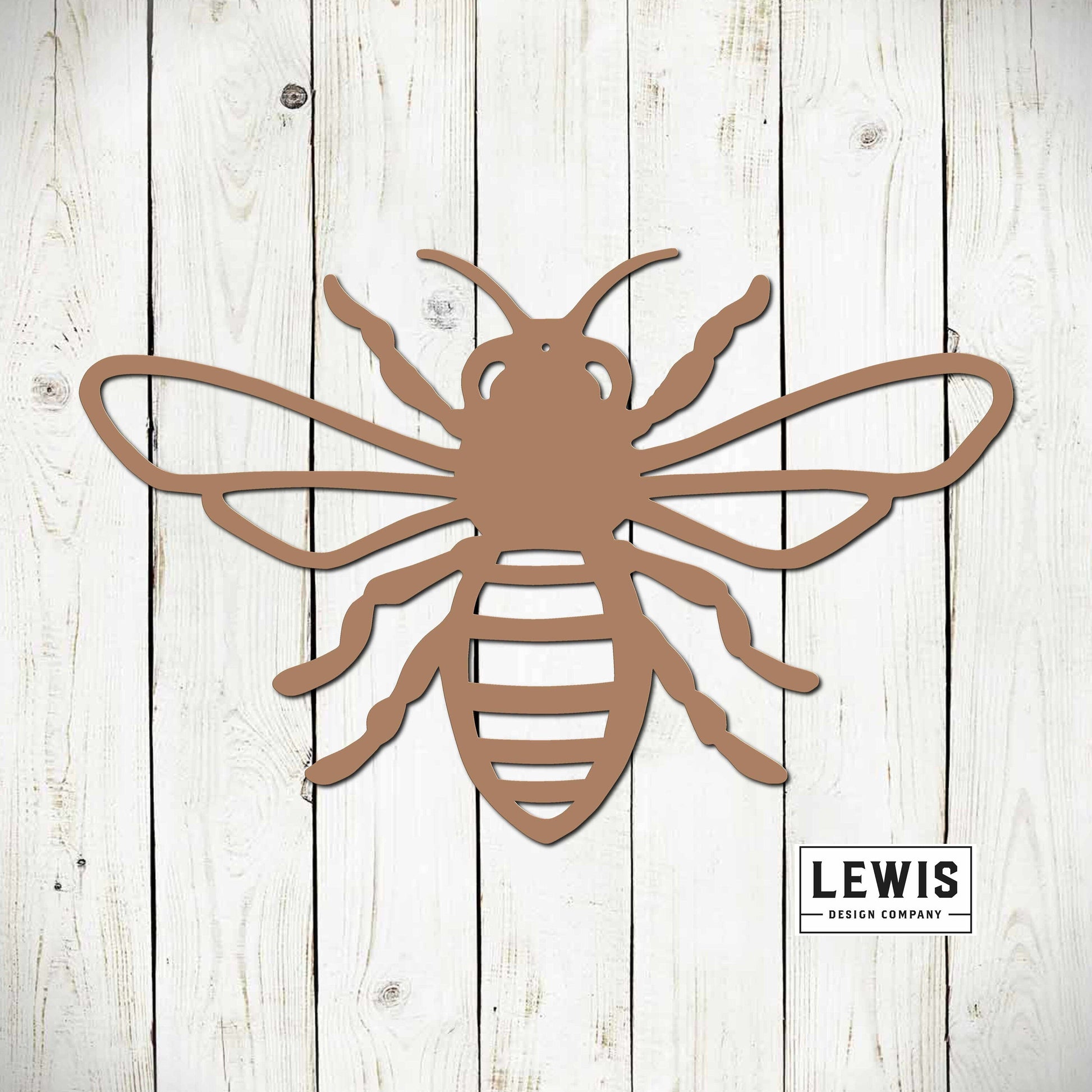 Black metal honey bee garden sign by Lewis Design Company, outdoor wall decor featuring a bumble bee for patio or garden decor.