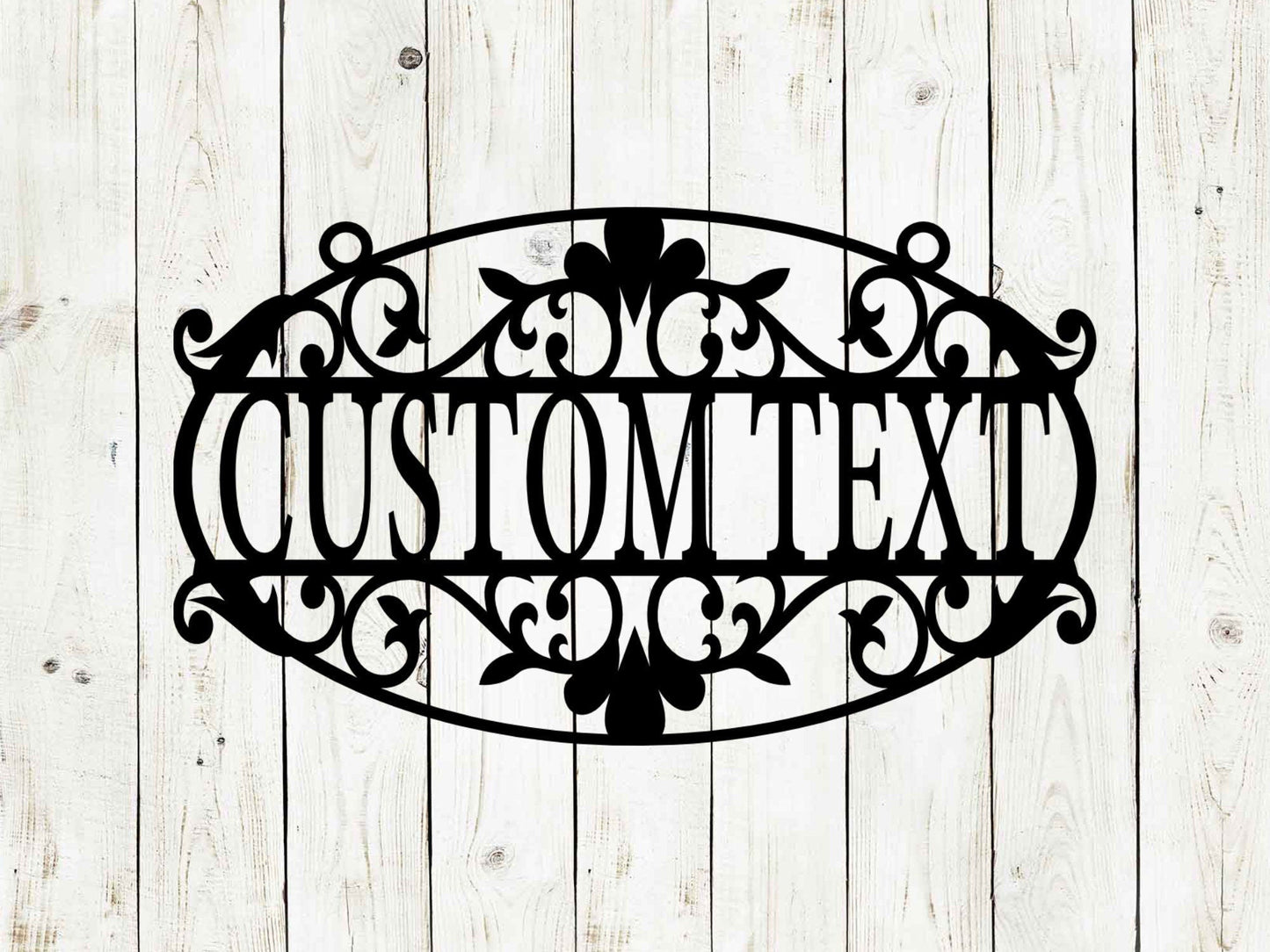 Black custom hanging garden sign by Lewis Design Company, outdoor patio and garden art, 12x7 inches with decorative design.