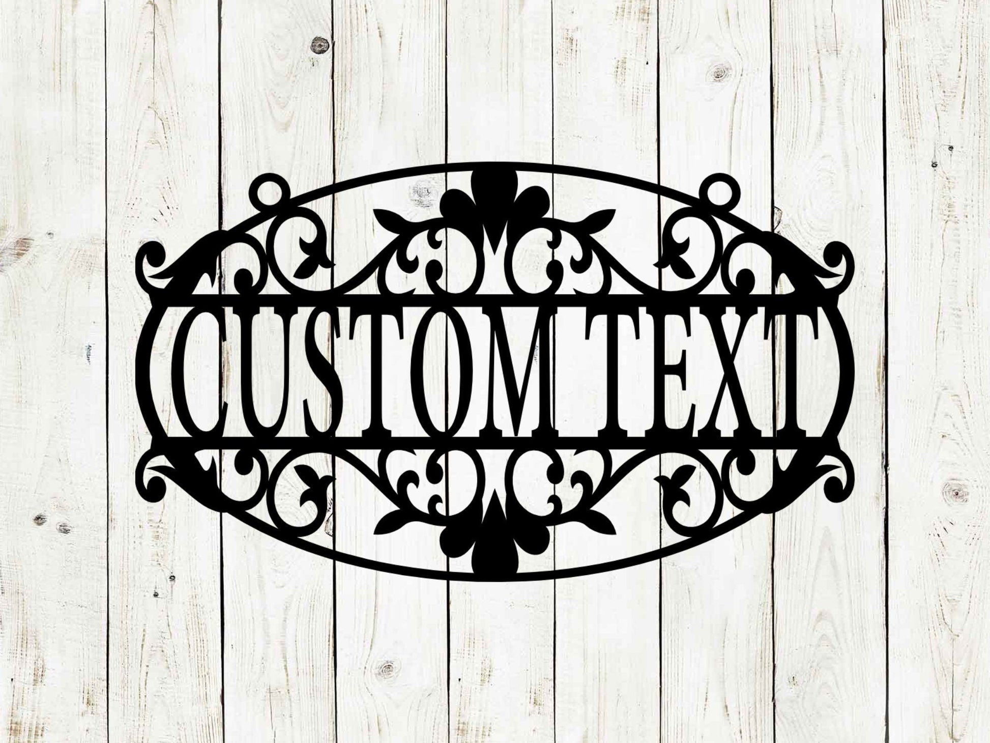 Black custom hanging garden sign by Lewis Design Company, outdoor patio and garden art, 12x7 inches with decorative design.