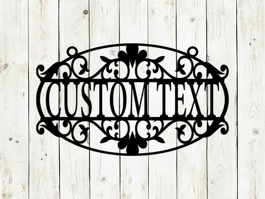 Black custom hanging garden sign by Lewis Design Company, outdoor patio and garden art, 12x7 inches with decorative design.
