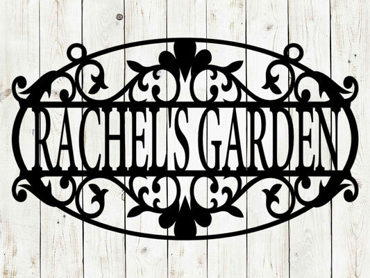 Black custom hanging garden sign for outdoor patio and garden decor by Lewis Design Company, 12x7 inches.