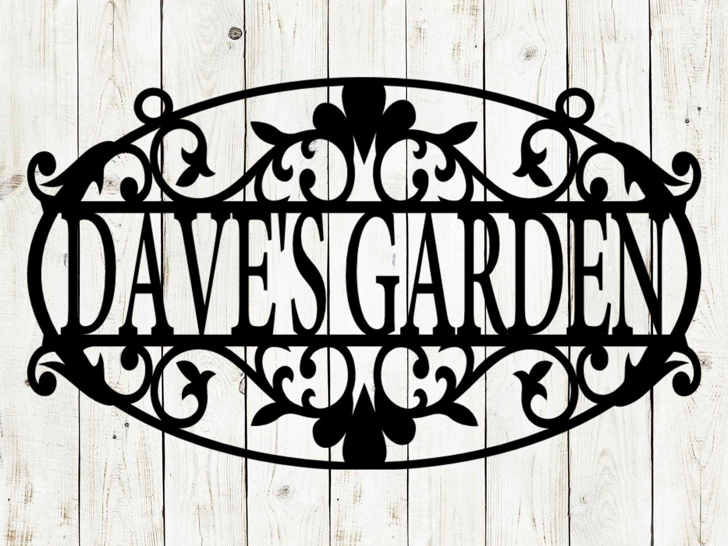 Black custom hanging garden sign for outdoor patio and garden decor by Lewis Design Company, 12x7 inches.
