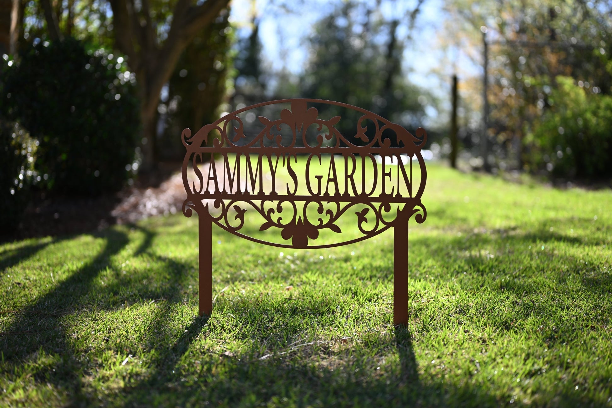 Black 15x15 custom decorative garden sign by Lewis Design Company, outdoor patio and garden art with address display.