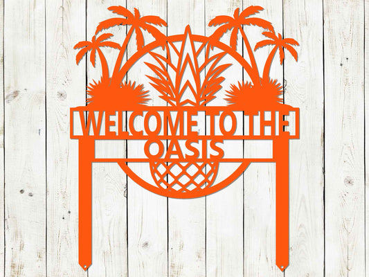 Black custom tropical garden sign by Lewis Design Company, outdoor patio and beach house decor, 15x17.5 inches.