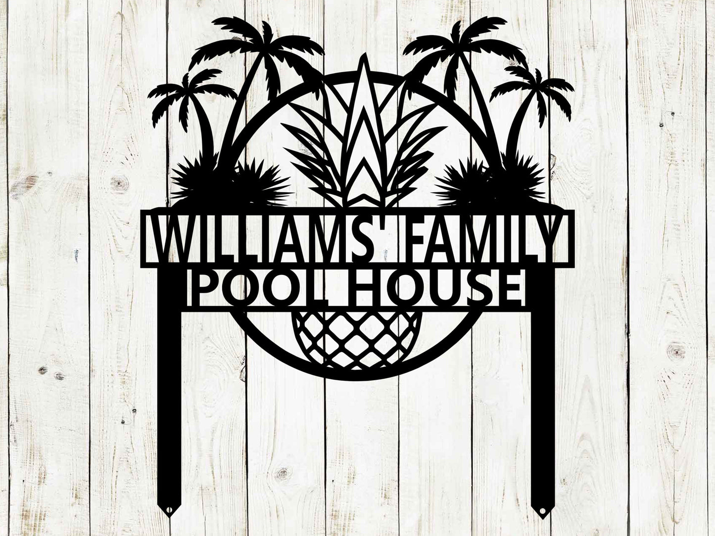 Black custom tropical garden sign by Lewis Design Company, outdoor patio and beach house garden art, 15x17.5 inches.