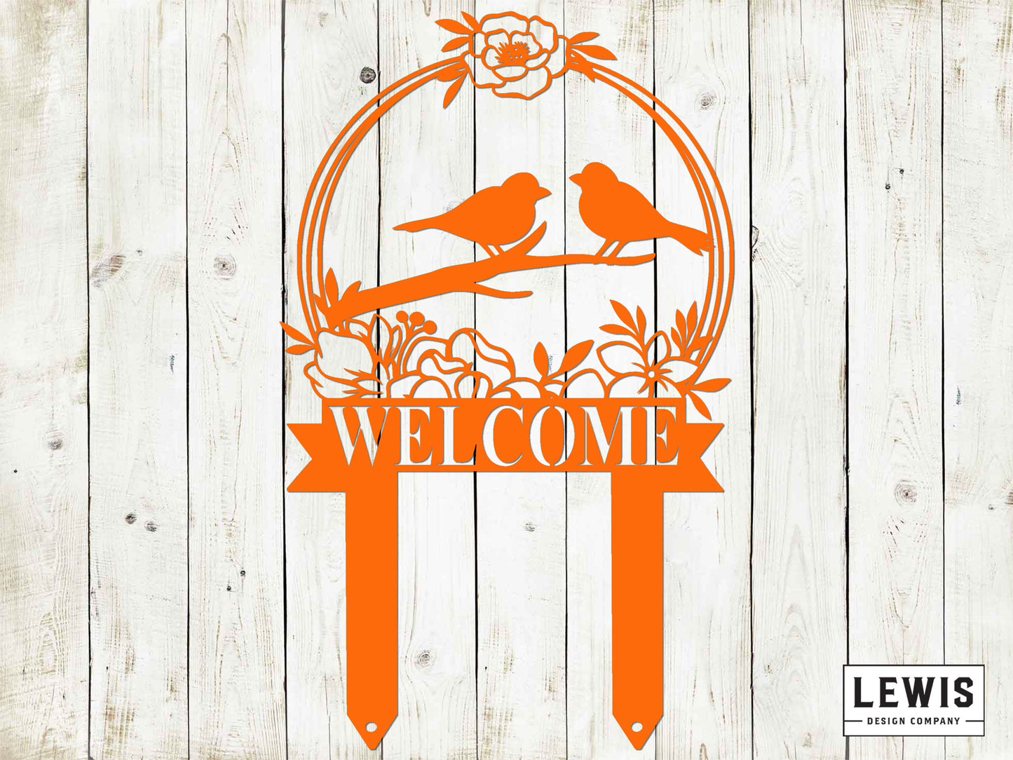 Black custom bird garden metal stake by Lewis Design Company, designed for outdoor patio and garden decor, measuring 17x10.5 inches.