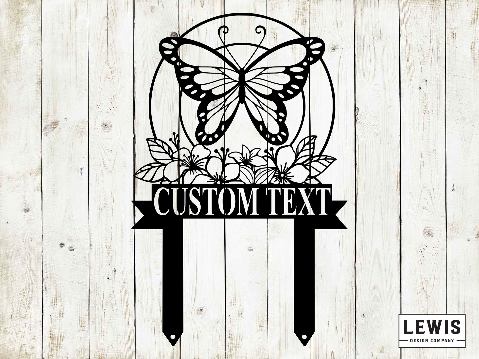 Black metal butterfly garden stake by Lewis Design Company, outdoor patio and garden art for decorative yard display.