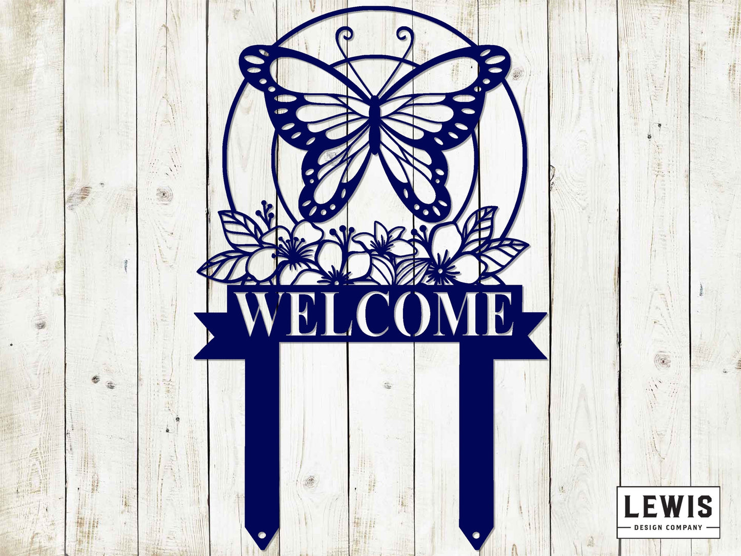 Black custom butterfly garden metal stake from Lewis Design Company, outdoor patio and garden art for decorative yard display