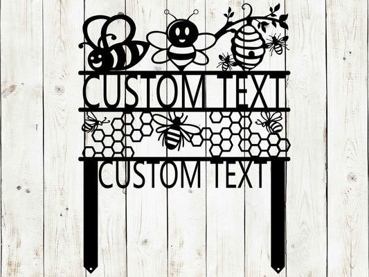 Custom Honey Bee Garden Sign by Lewis Design Company, black outdoor patio and garden art for bee farm decor, 17x13 inches