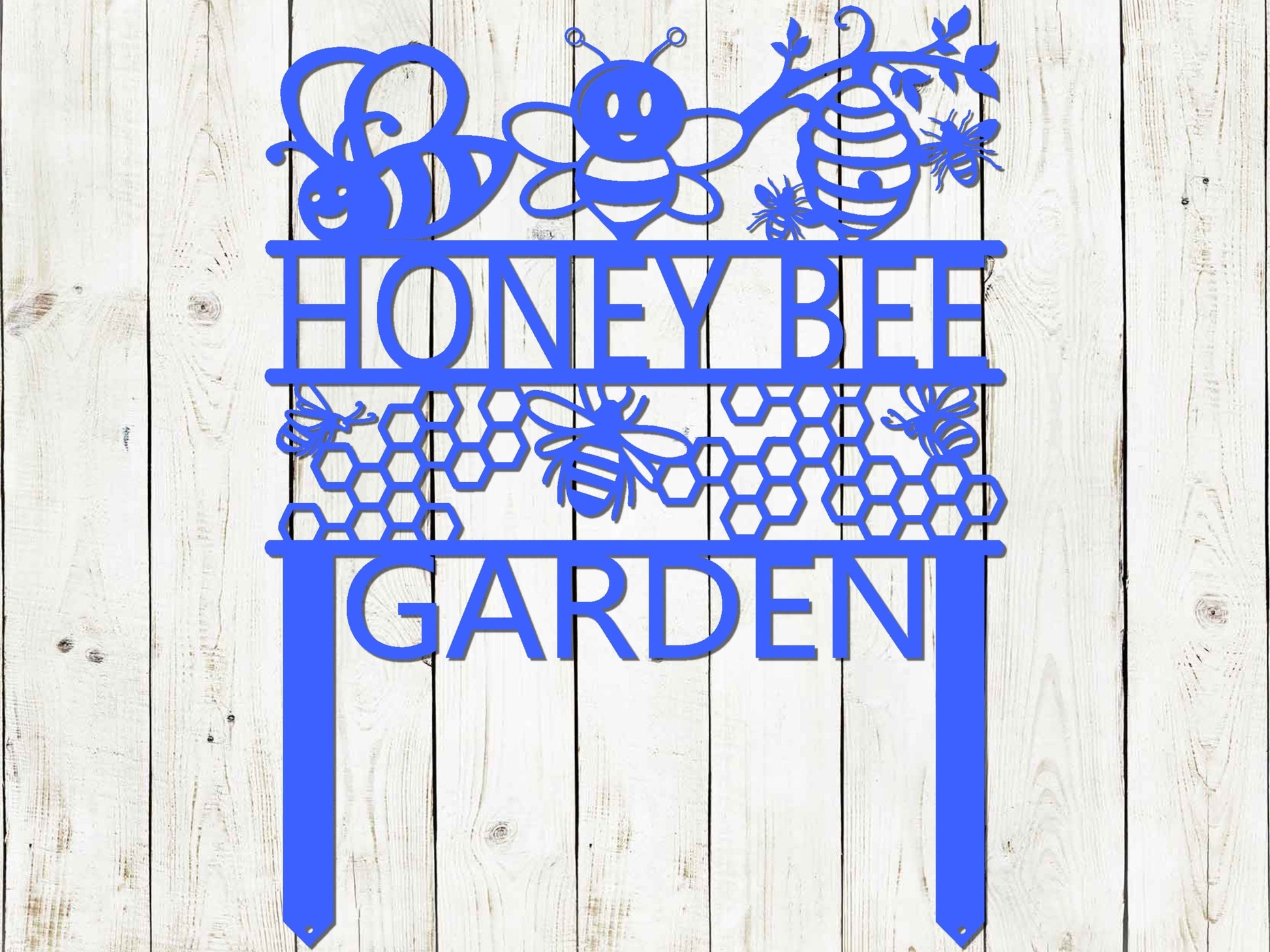 Black honey bee garden sign by Lewis Design Company, outdoor patio and garden art for bee farm decoration, 17x13 inches.
