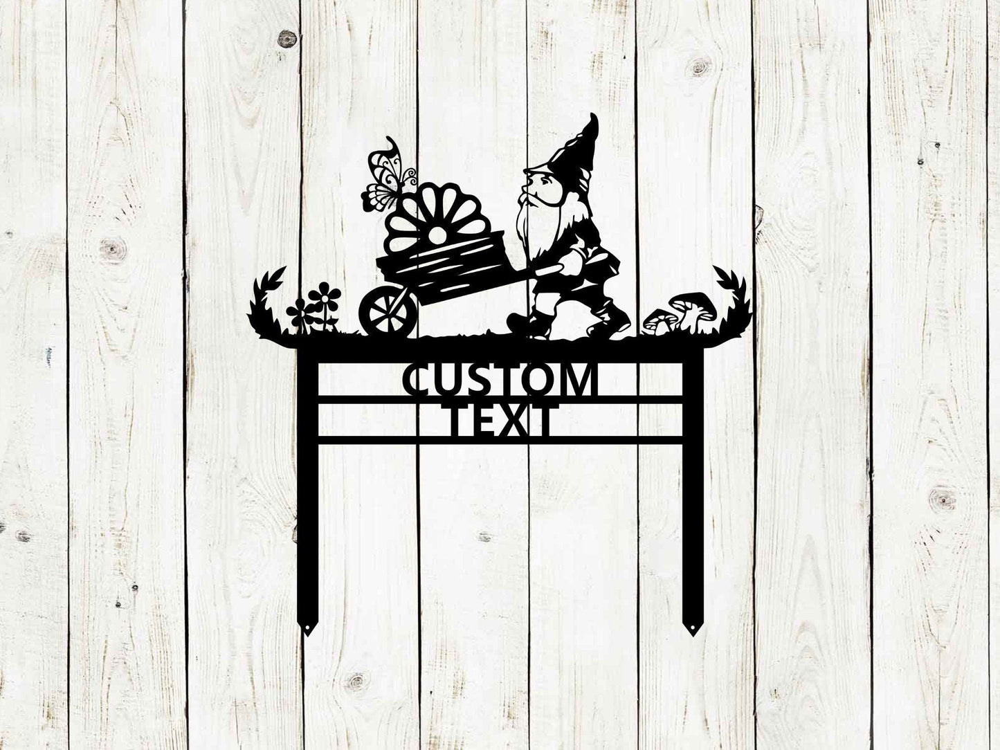 Black custom garden gnome sign by Lewis Design Company, outdoor patio and garden decor, 17x17 inch artistic garden art piece.
